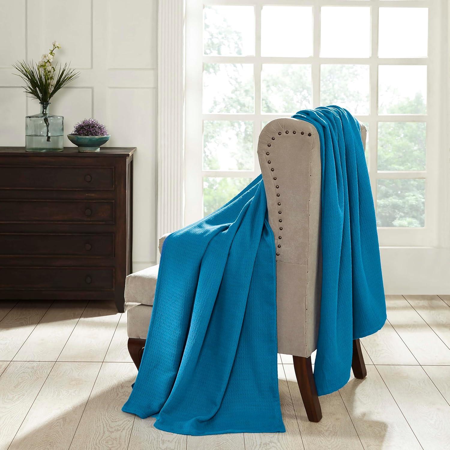 Superior Waffle Weave Cotton Blanket, for Picnic, Beach, Traveling or Camping, Comfy Blanket, Bedroom Decor, Essentials, Cover for Bed, Couch, Lounging, Honeycomb Knit, King, Azure