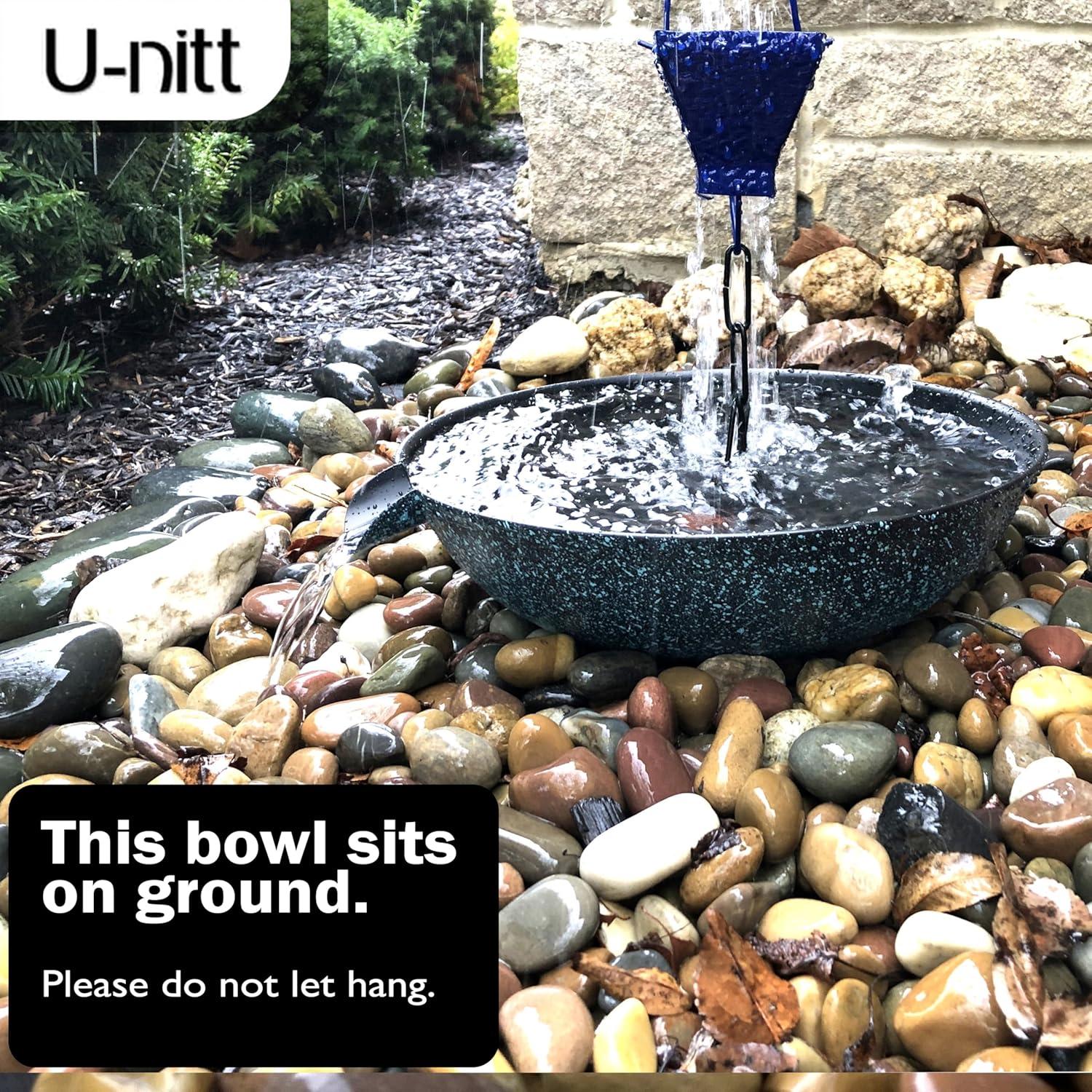 U-nitt 12" Anchoring Basin/Bowl/Dish for Gutter Rain Chain, Spill Bowl for Fountain, with Scupper, Birdbath Alternative, with Attachment Chain, Black Powder Coated with Patina, 972PA