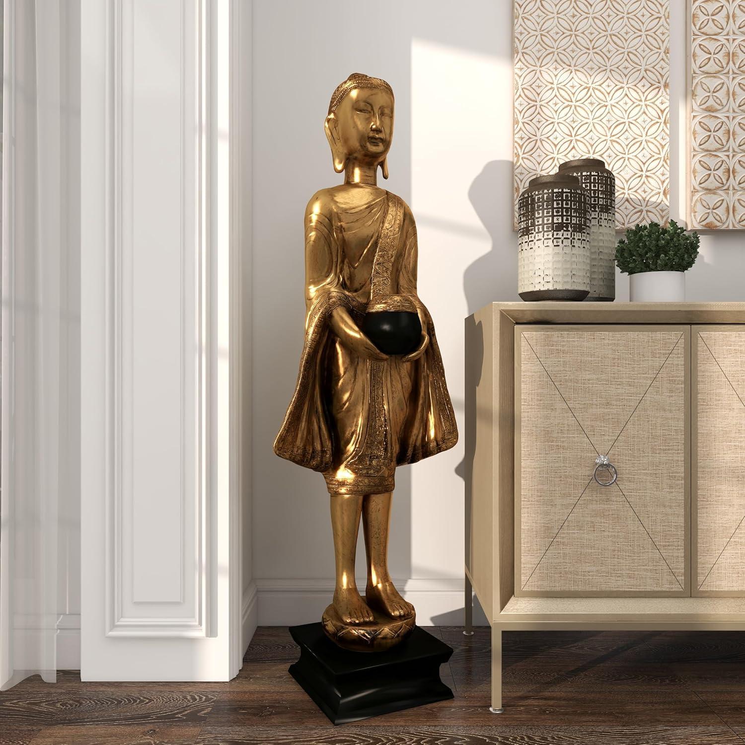 16" x 54" Gold Resin Meditating Buddha Sculpture with Engraved Carvings and Relief Detailing, by DecMode