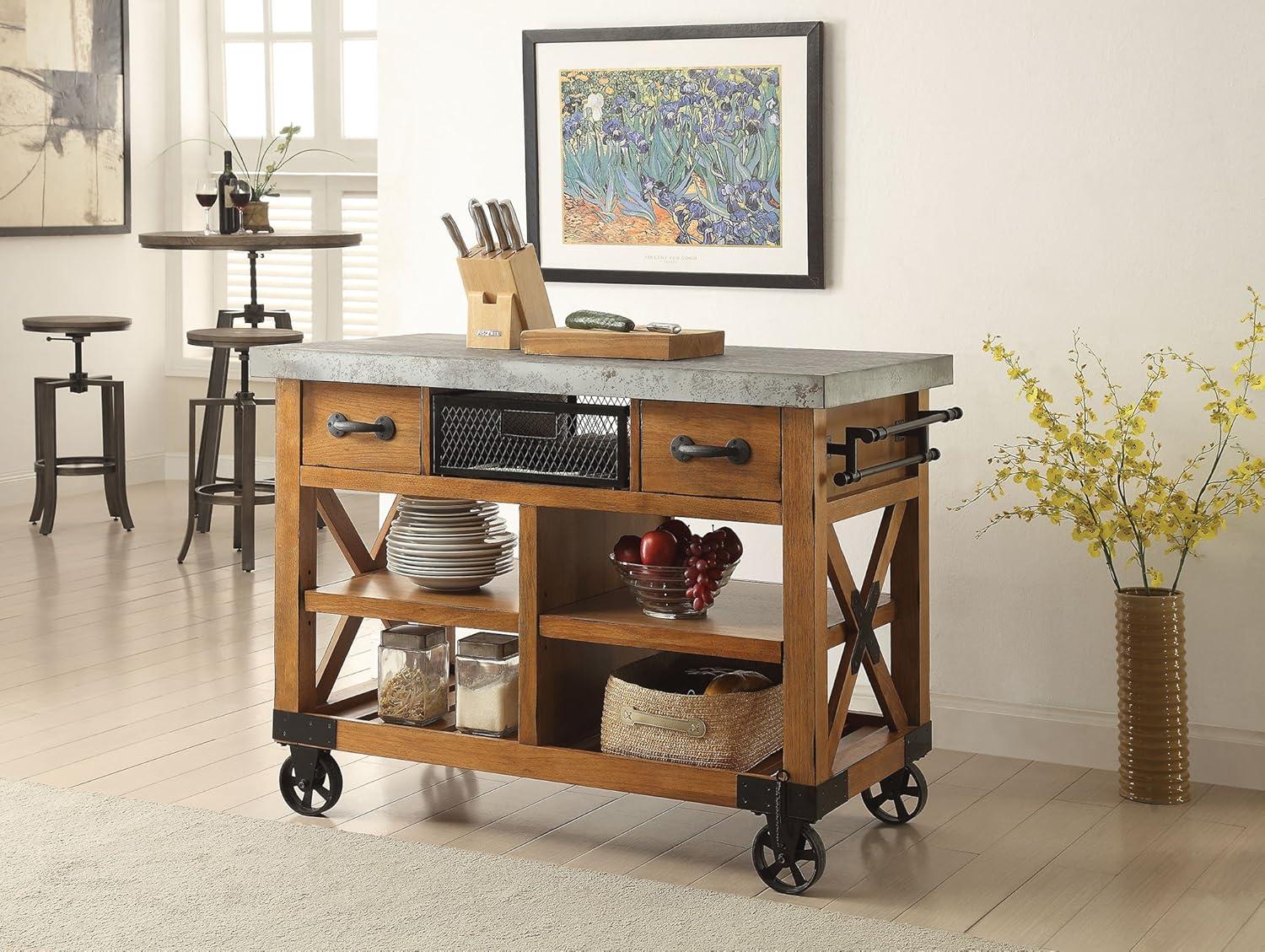 Kailey Antique Oak Drop Leaf Kitchen Cart with Storage