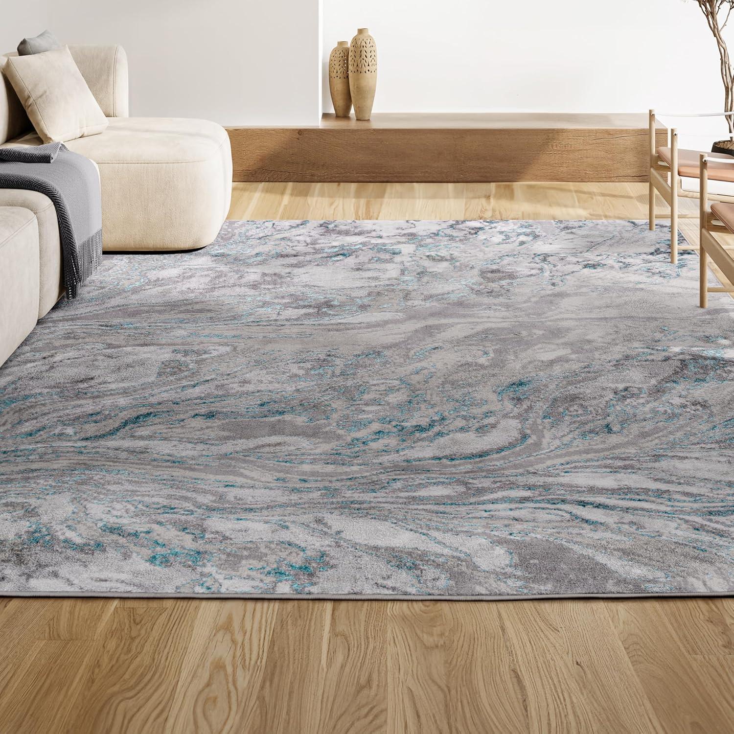4'x6' Swirl Marbled Abstract Area Rug, Gray/Turquoise - JONATHAN Y