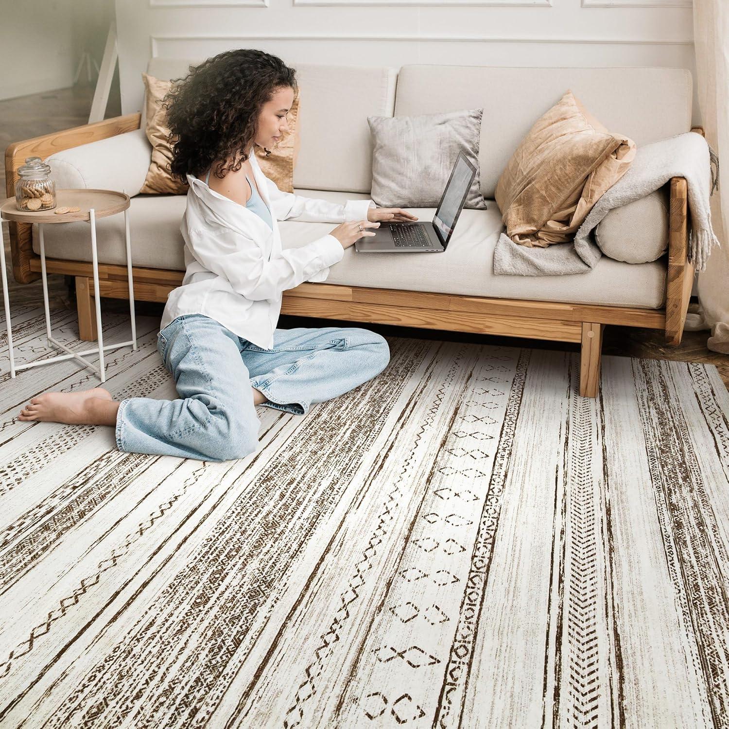 Tortania Area Rug Living Room Rugs - 5x7 Washable Large Soft Neutral Boho Moroccan Bohemian Farmhouse Rug Indoor Floor Carpet for Bedroom Under Dining Table Home Office Decor - Cream Brown