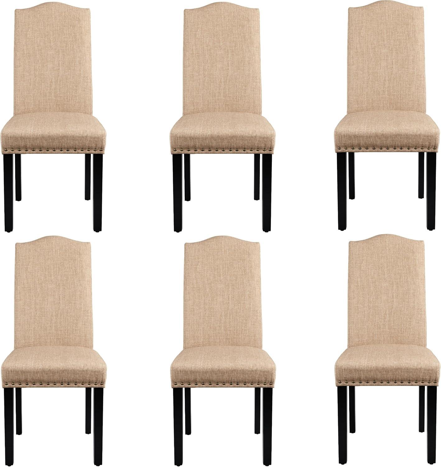 Smile Mart 6pcs Fabric Upholstered Parson Dining Chairs with Solid Wood Legs, Khaki