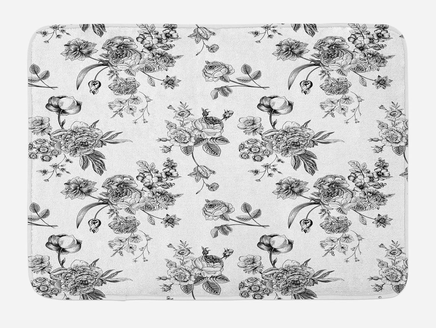 Black and White Floral Pattern Non-Slip Bath Mat