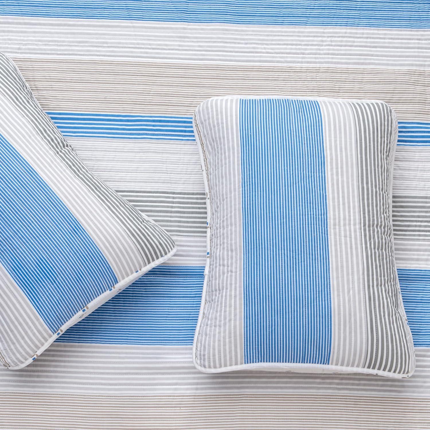 FreshFolds Blue / White / Grey Striped Reversible Quilt Set with Shams