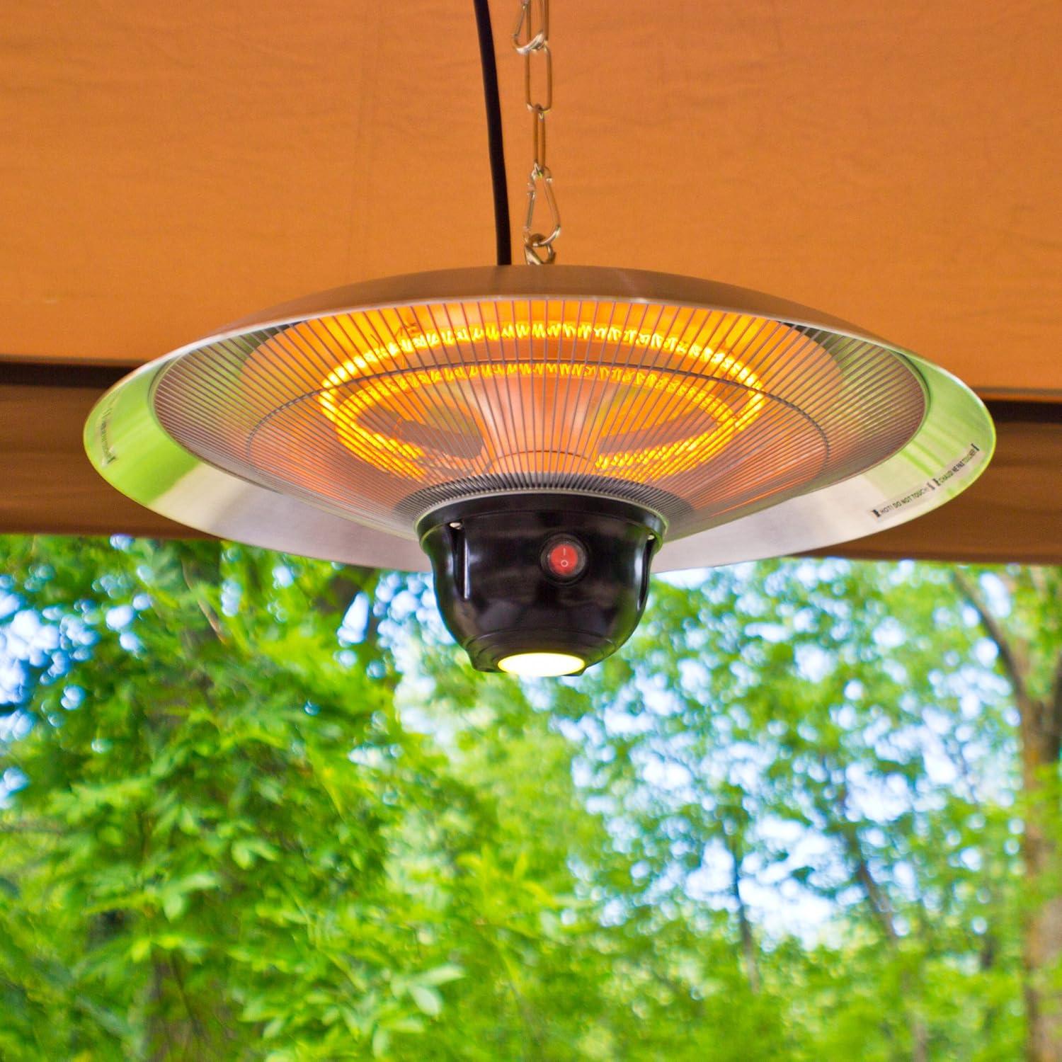 Infrared Electric Hanging LED Outdoor Heater - Silver - EnerG+: 360° Radiant Heat, Remote, IPX4 Rated, 1500W