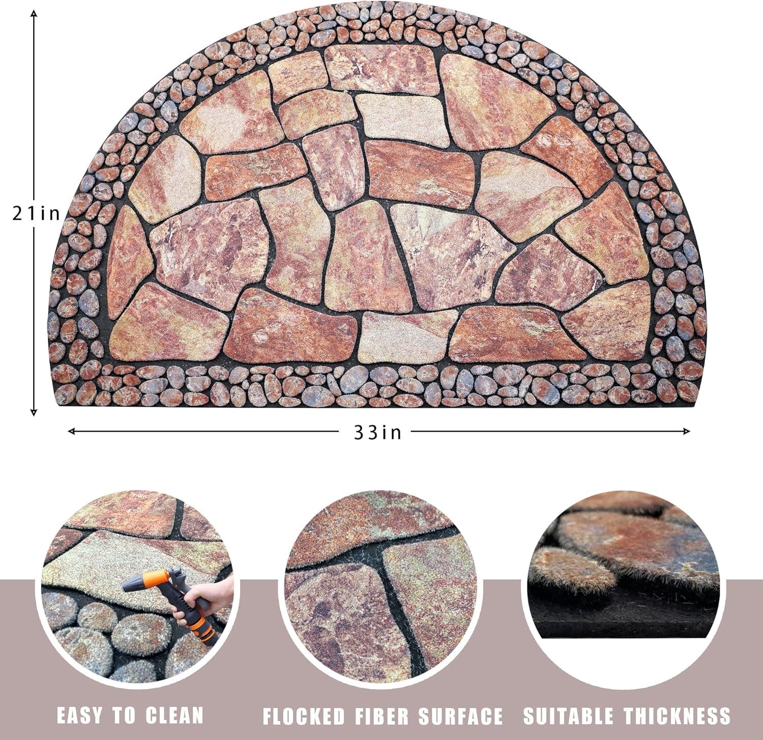 MANO Front Door Mat Outdoor Entrance, Heavy Duty Doormat Half Circle Rug for Outside Entry, Welcome Mat for Indoor Half Round Door Mats with Non Slip Rubber (21" x 33", Cobble)