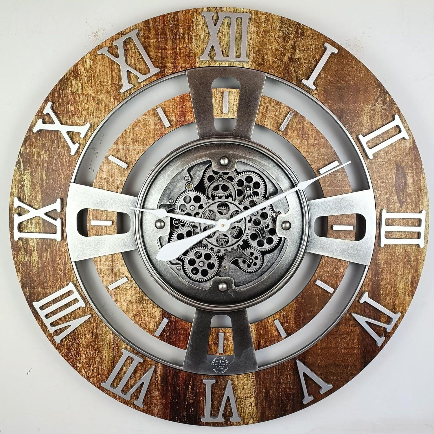 The Gears Clock Wall Clock 36" Oversized for Living Room decor with Real Moving Gears England Collection