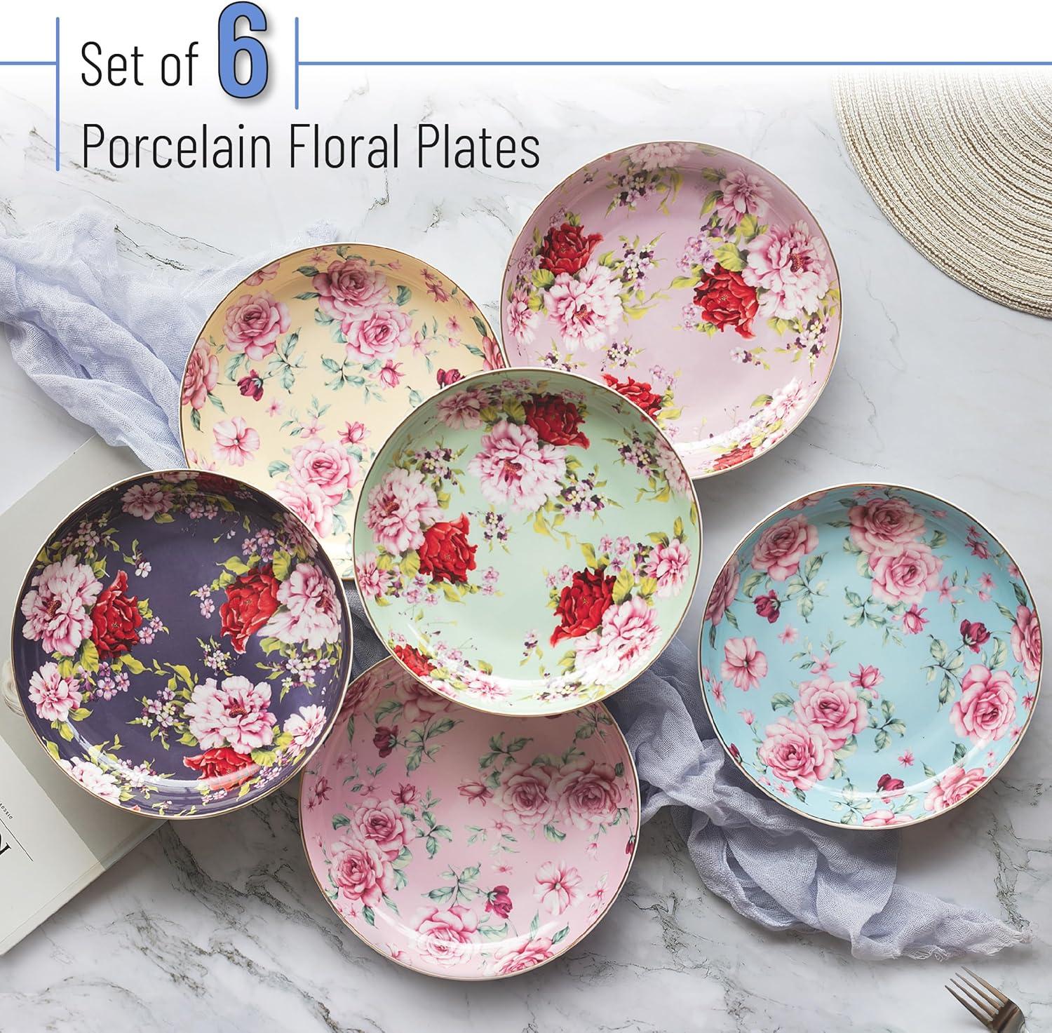 BTaT- Porcelain Floral Dessert Plates, 8 inch, Set of 6, Deep Plates
