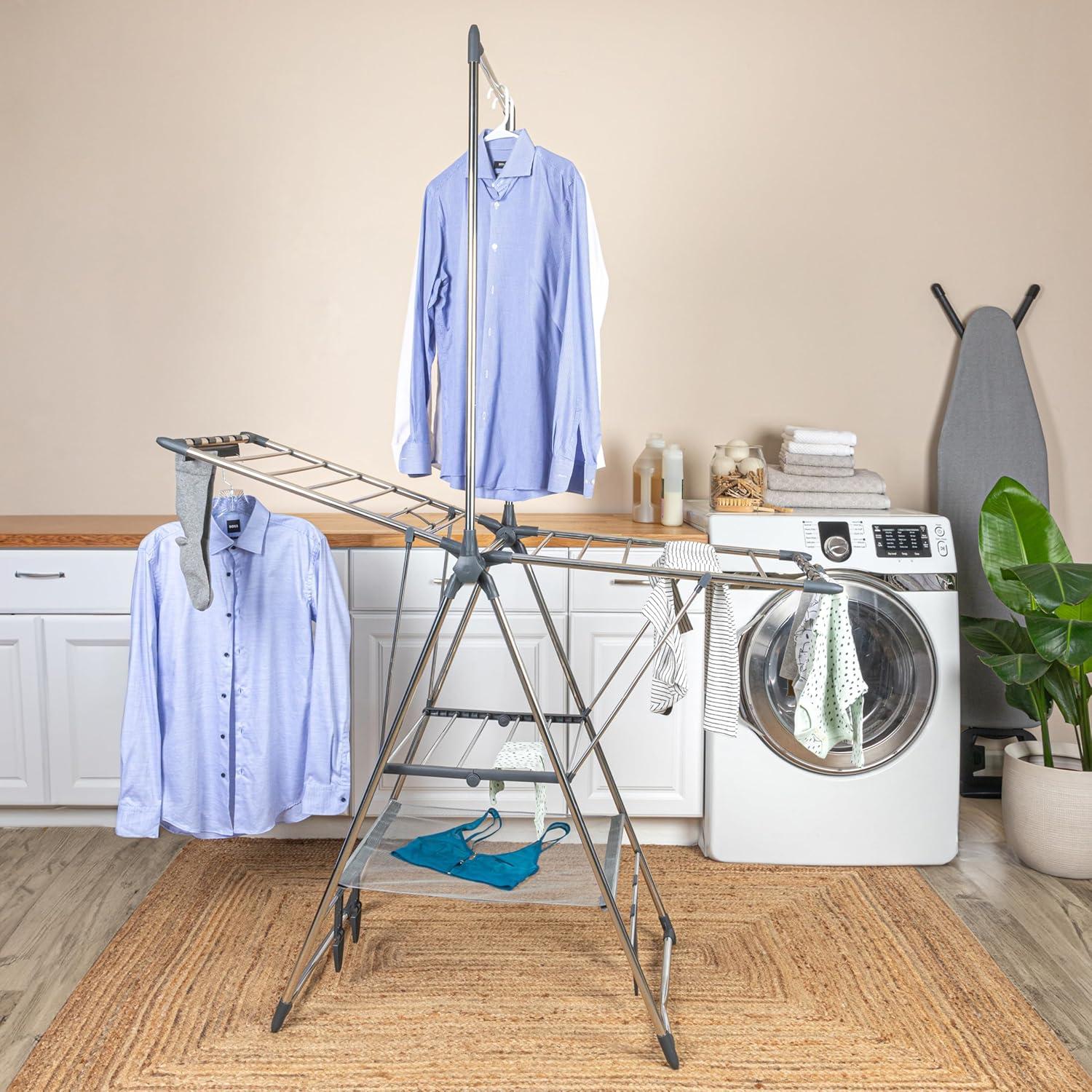 Household Essentials Multi Tier Stainless Steel Laundry Drying Rack with T Bar and Two Side Wings, Silver