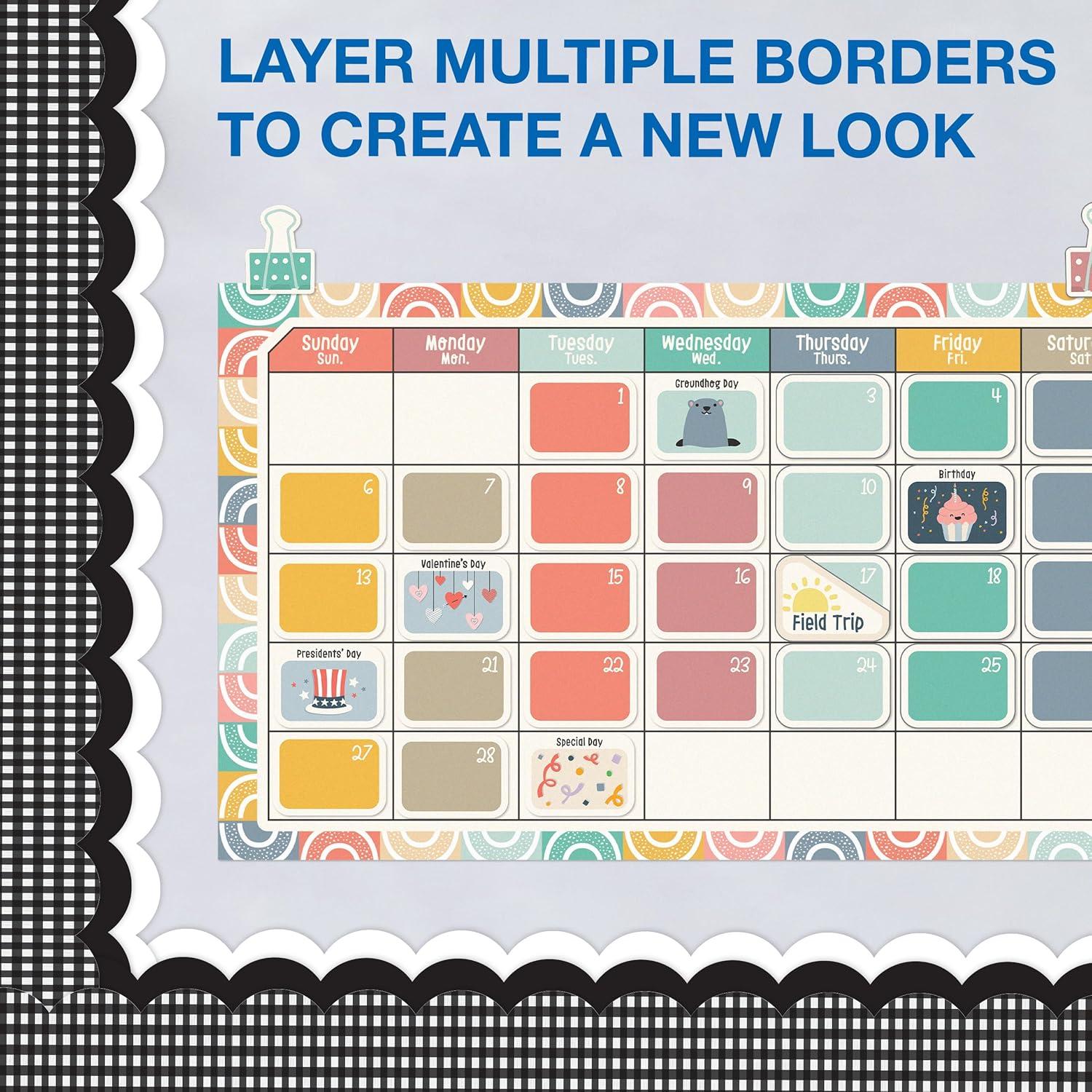Carson Dellosa 65' Black Gingham Rolled Scalloped Bulletin Board Borders (1 roll)