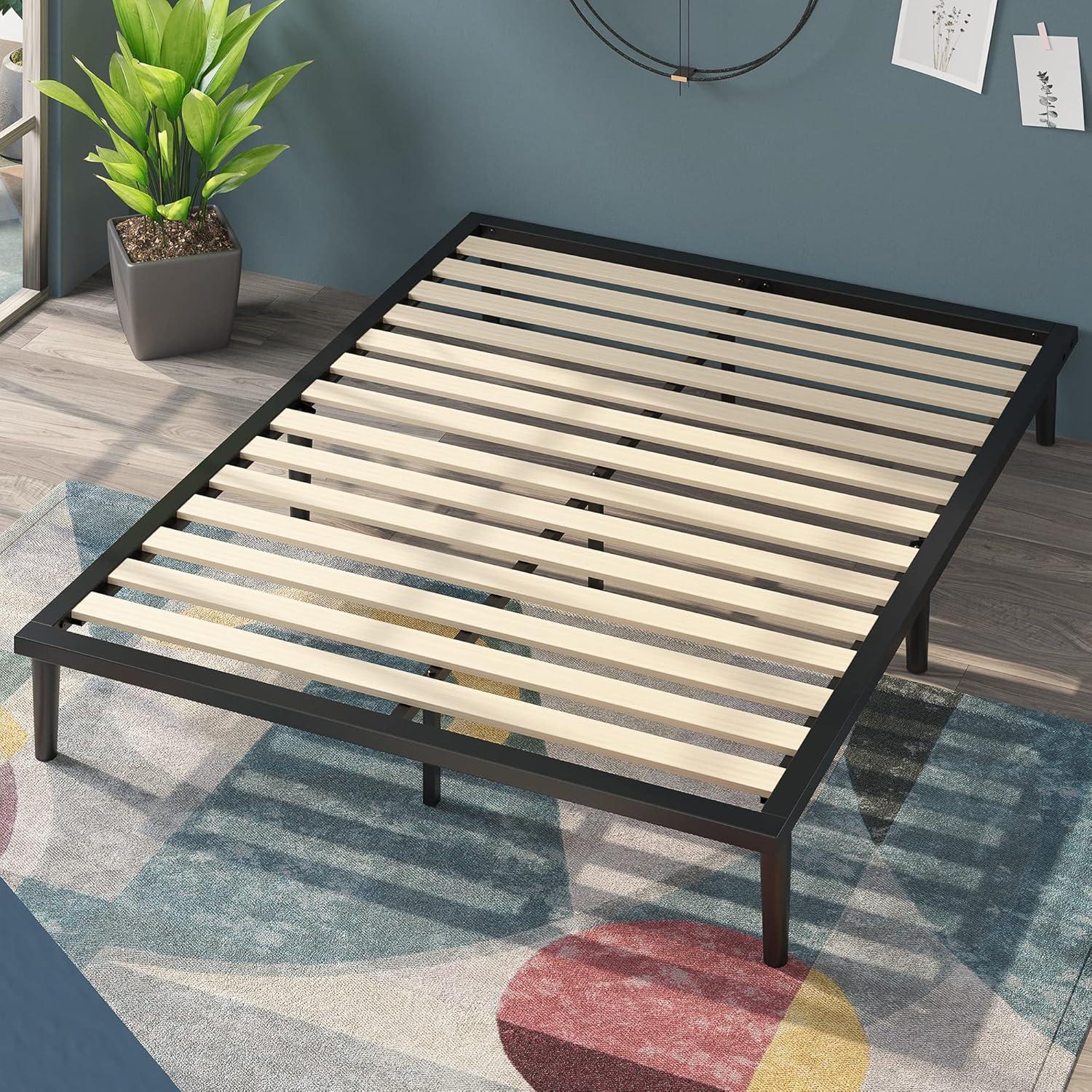 Full Charcoal Metal Platform Bed with Tapered Legs and Slats