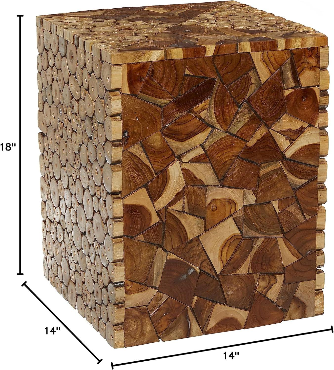 DecMode 14" x 18" Brown Teak Wood Handmade Accent Table with Mosaic Wood Chip Design, 1-Piece