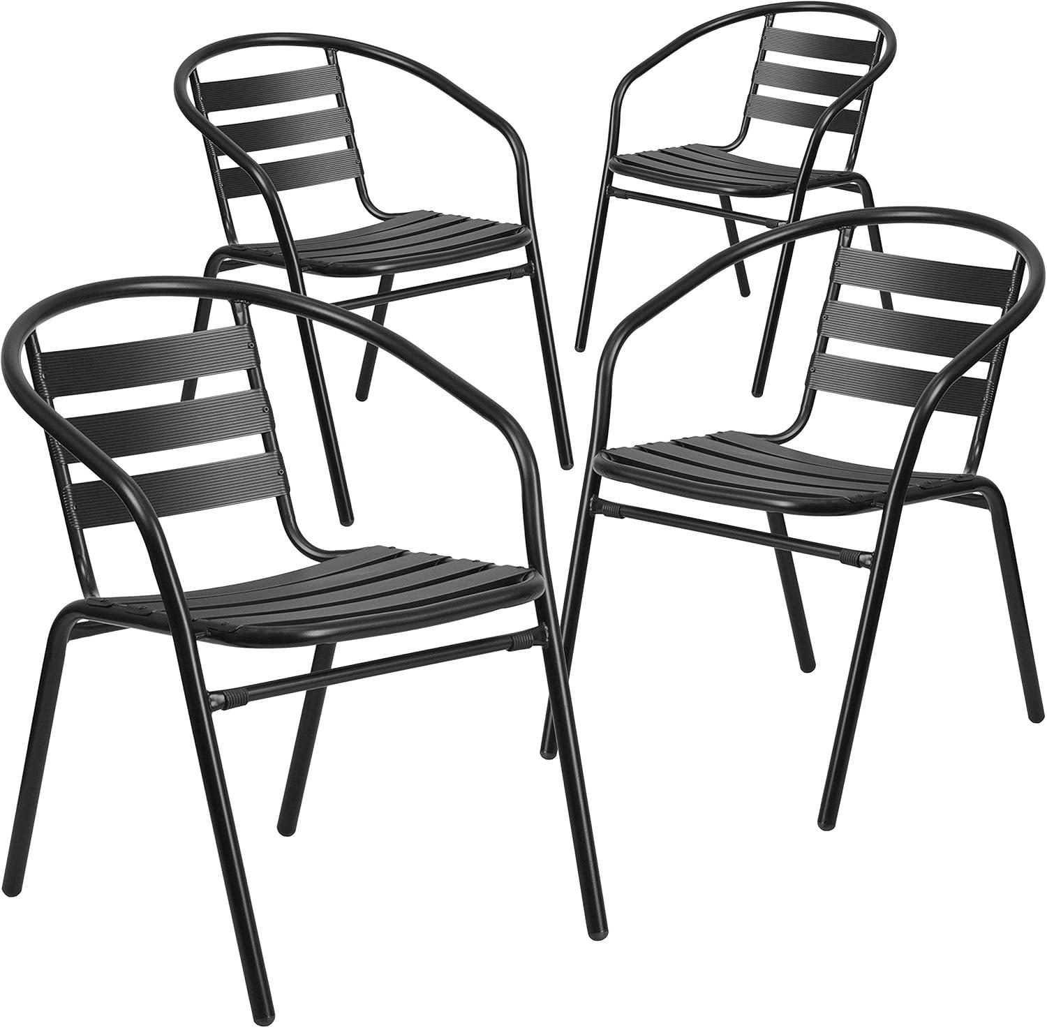 Modern Black Steel Slat-Back Stackable Patio Dining Chair, Set of 4