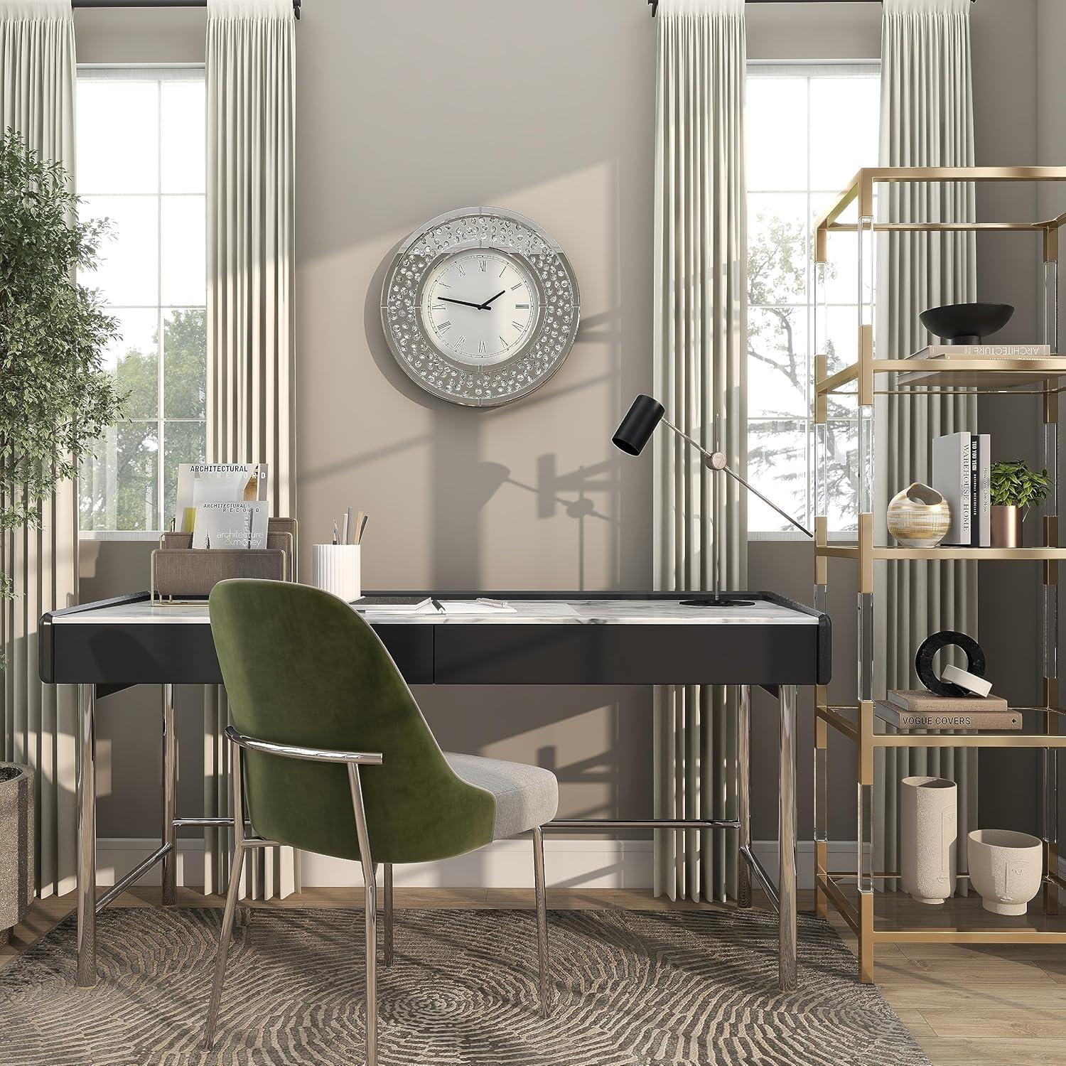 Rosdorf Park Ansonia Glass Mirrored Decorative White Wall Clock with Floating Crystals