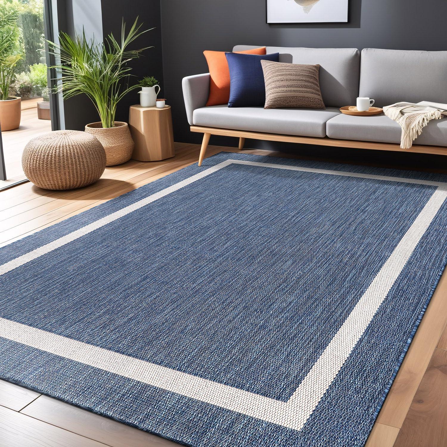 Unique Loom 6' 1 x 9' 0 Rectangle Indoor/Outdoor Border Blue Area Rug