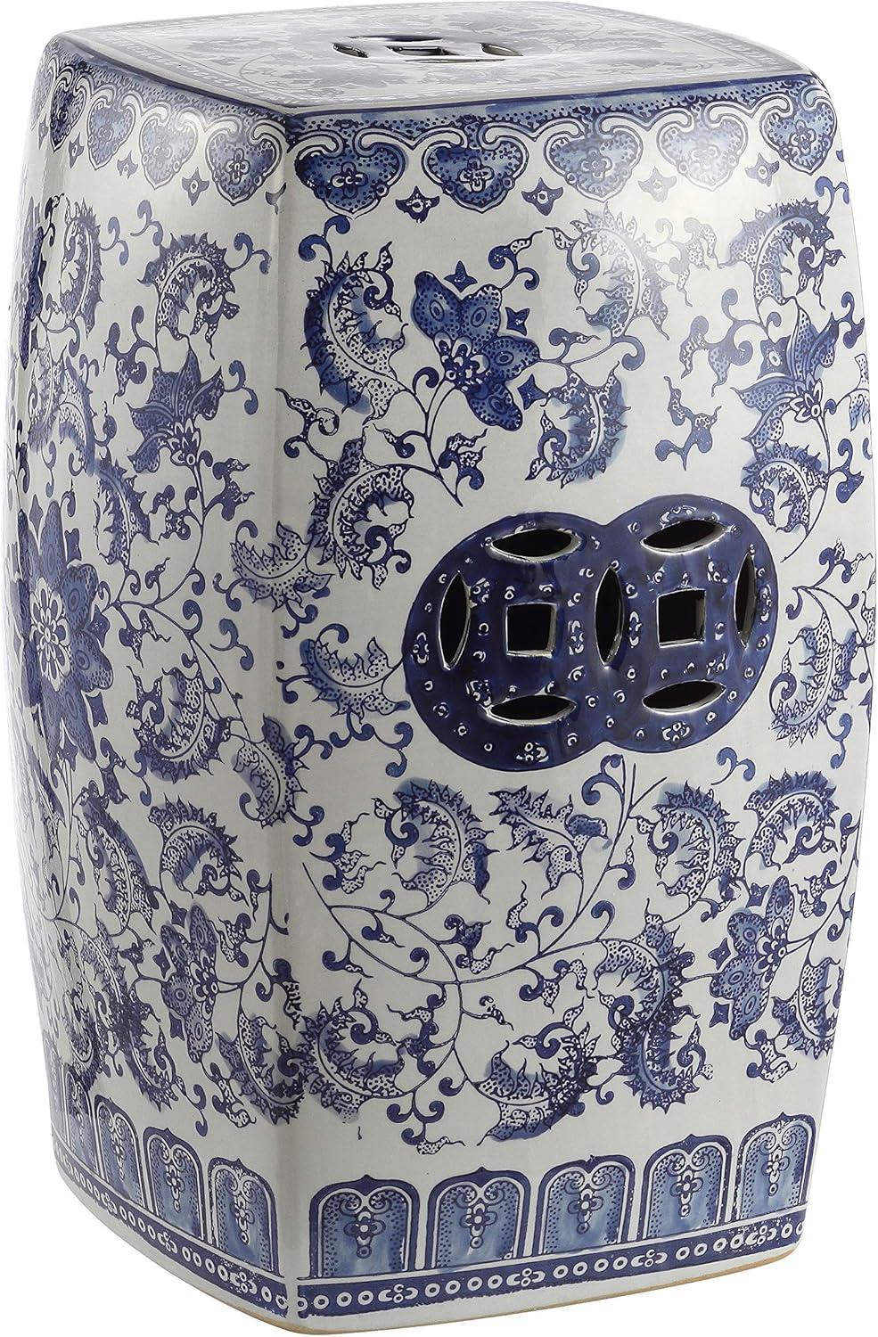 JONATHAN Y Floral Vine 18.5" Chinoiserie Ceramice Square Garden Stool, Blue/White