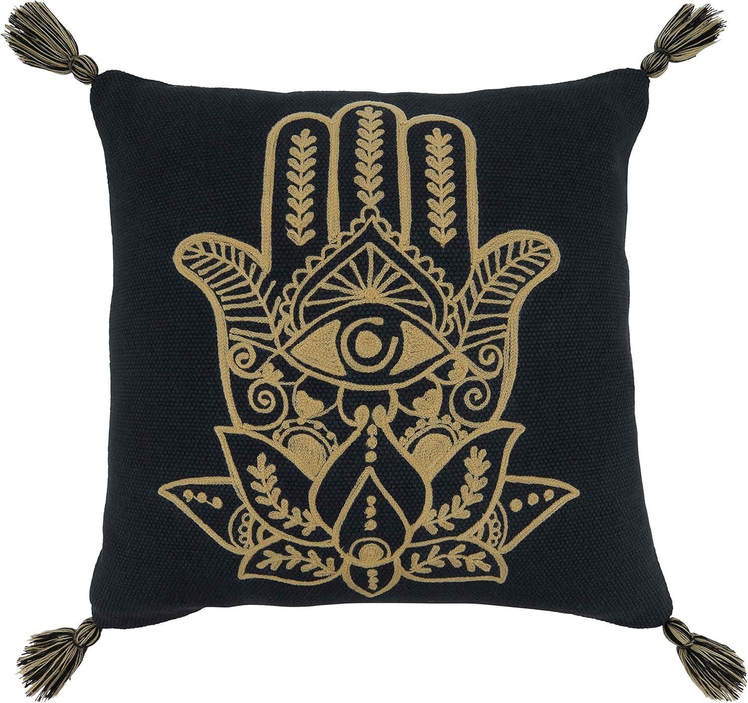 Black Cotton Hamsa Hand Embroidered Square Pillow with Tassels