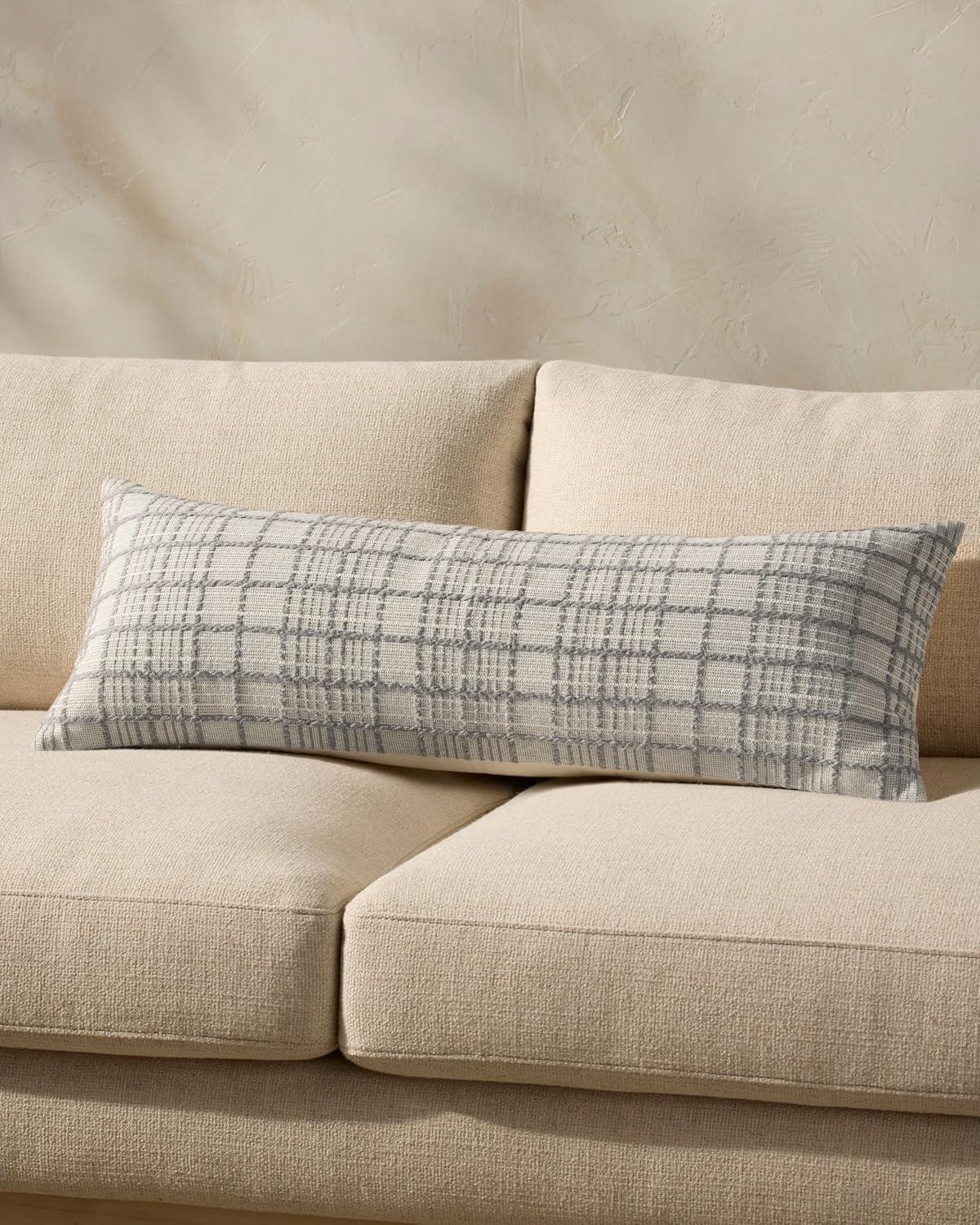 Grey Cotton Windowpane Check Lumbar Pillow 13'' x 35''