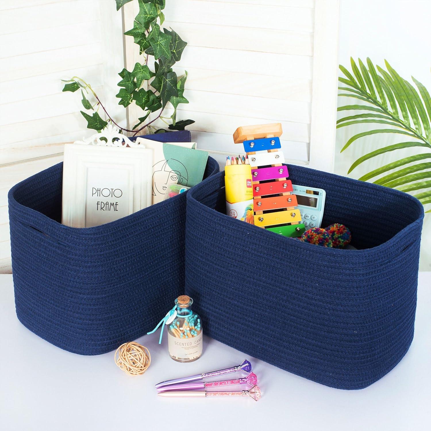 Design 3-Pack Storage Baskets for Shelves, Decorative Baskets for Organizing, Woven Baskets for Storage, Book Basket Cube Storage Bin Box, Pantry Closet and Shoe Organizers, Navy Blue