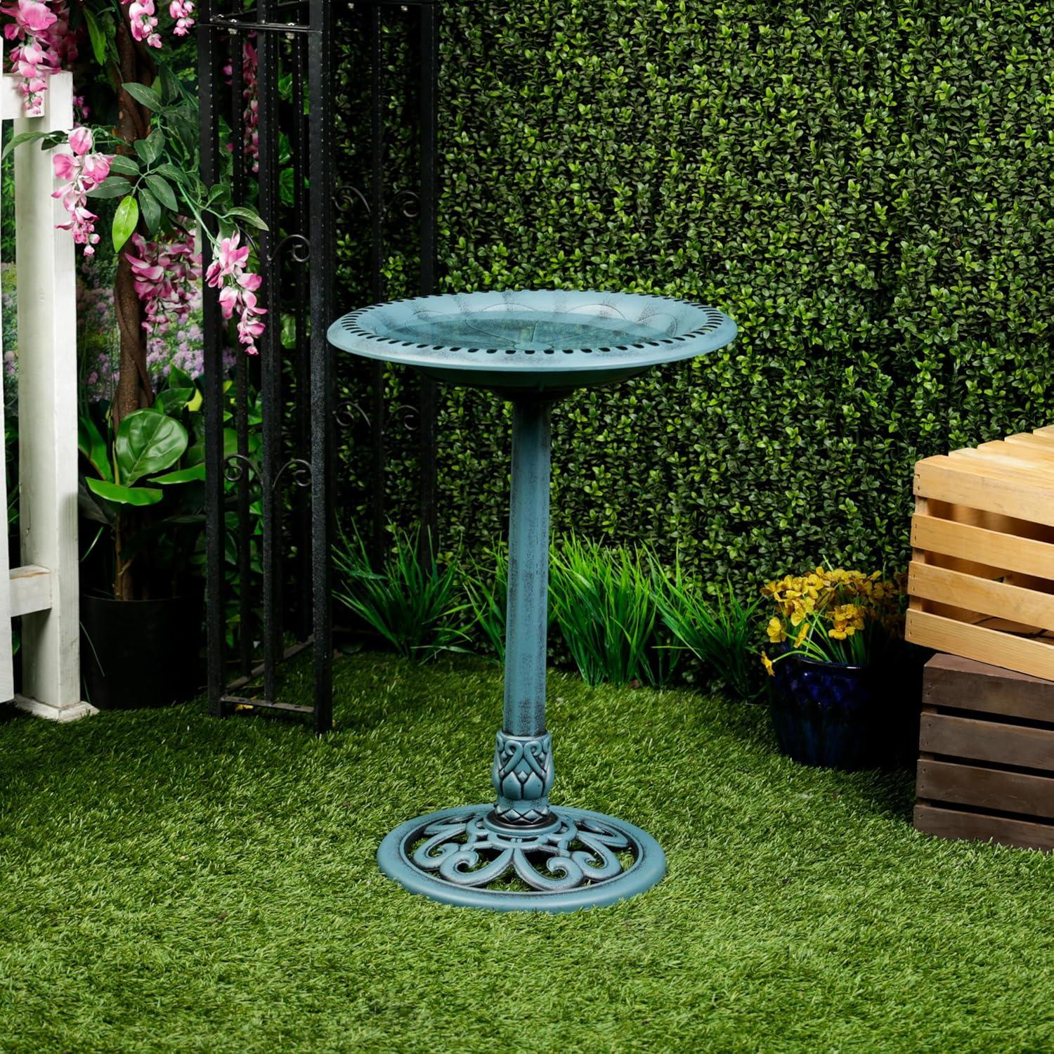 Alpine Pedestal Birdbath with Scrollwork Base and Stakes