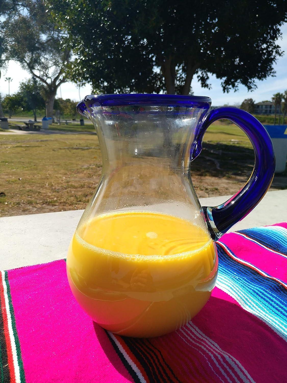 Dos Sueños Mexican Hand Blown  Pitcher - Blue Rim - 84oz -