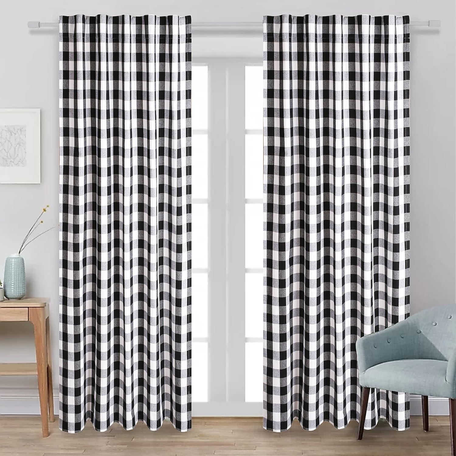 Black and White Cotton Gingham Check Plaid Curtain Panels