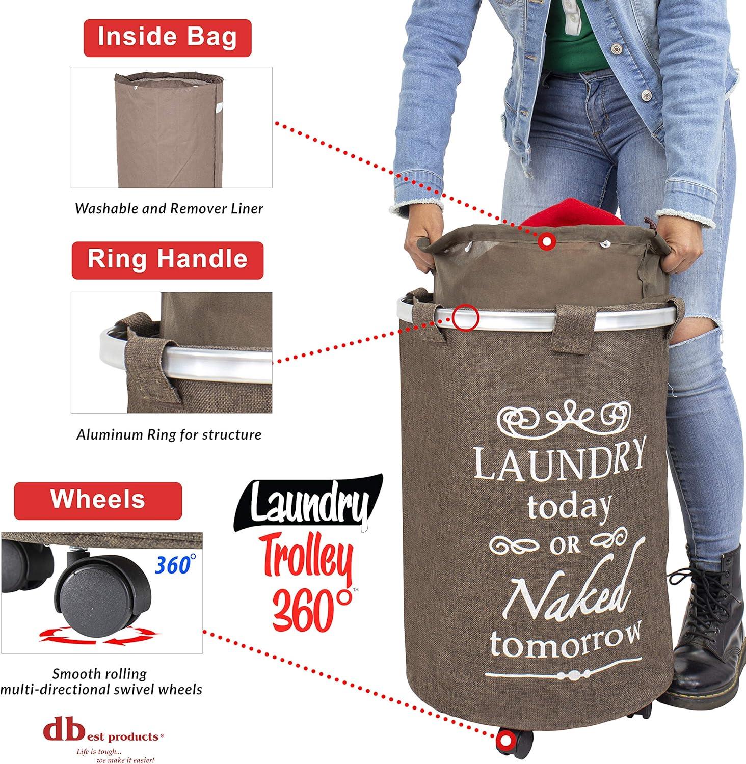 Brown Collapsible Round Laundry Hamper with Wheels and Faux Burlap