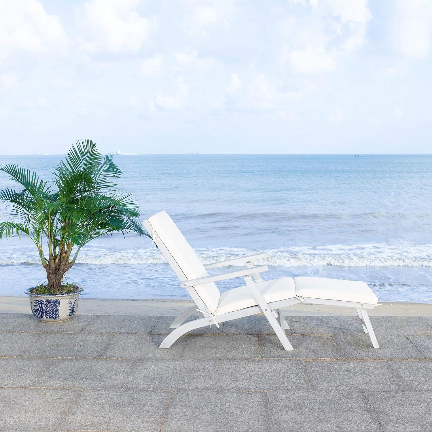 Ocean Liner Inspired 48" Grey Acacia Wood Chaise Lounge with Beige Cushion