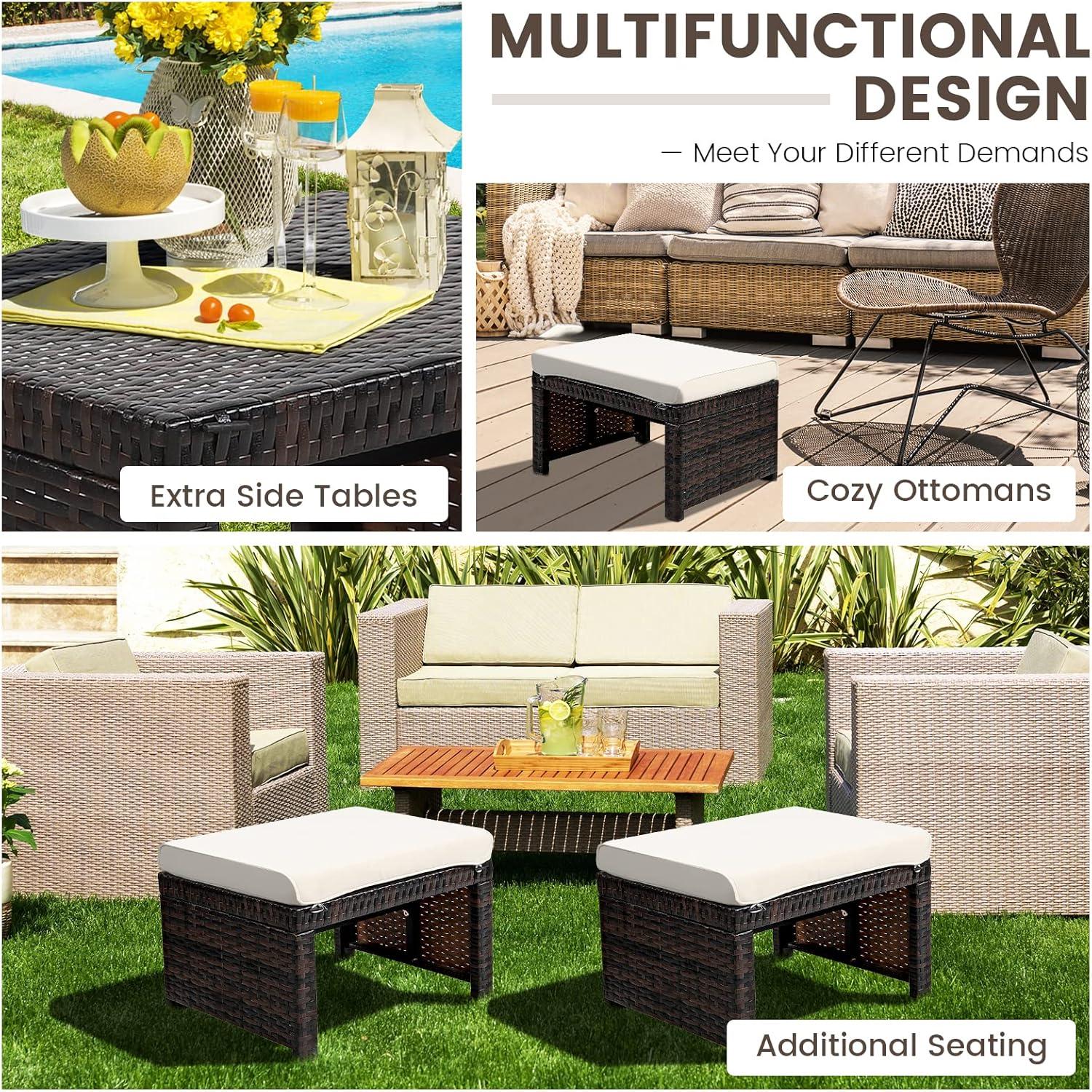 GVN 2 Pieces Patio Rattan Ottomans with Soft Cushion for Patio and Garden-White, Outdoor Footstool Footrest Furniture, All Weather Outdoor Ottomans Footrest Seat