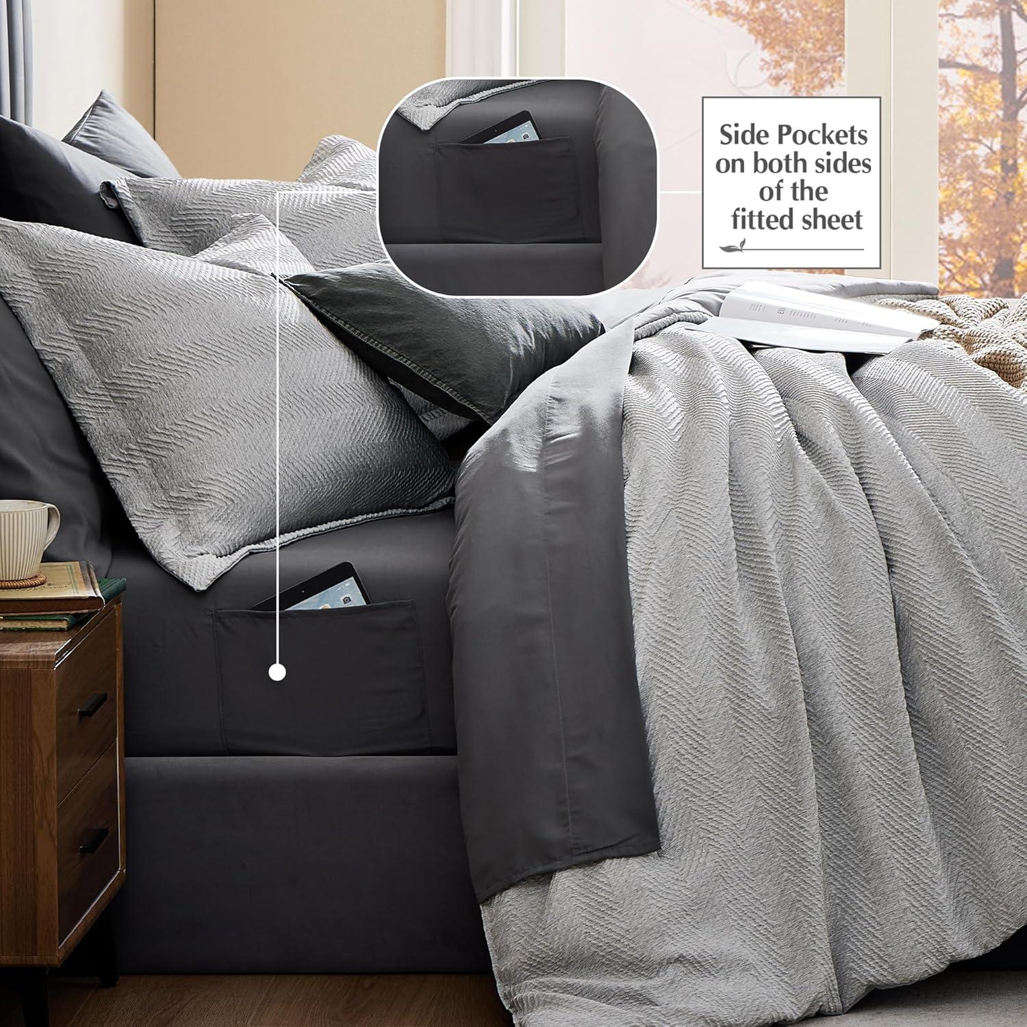 Geniospin Queen Comforter Set, Bed in A Bag 7-Pieces, Light Grey Textured All Season Comfortable Bedding Sets with Comforter, Sheets, Pillowcases & Shams (Light Grey, 90"x90")