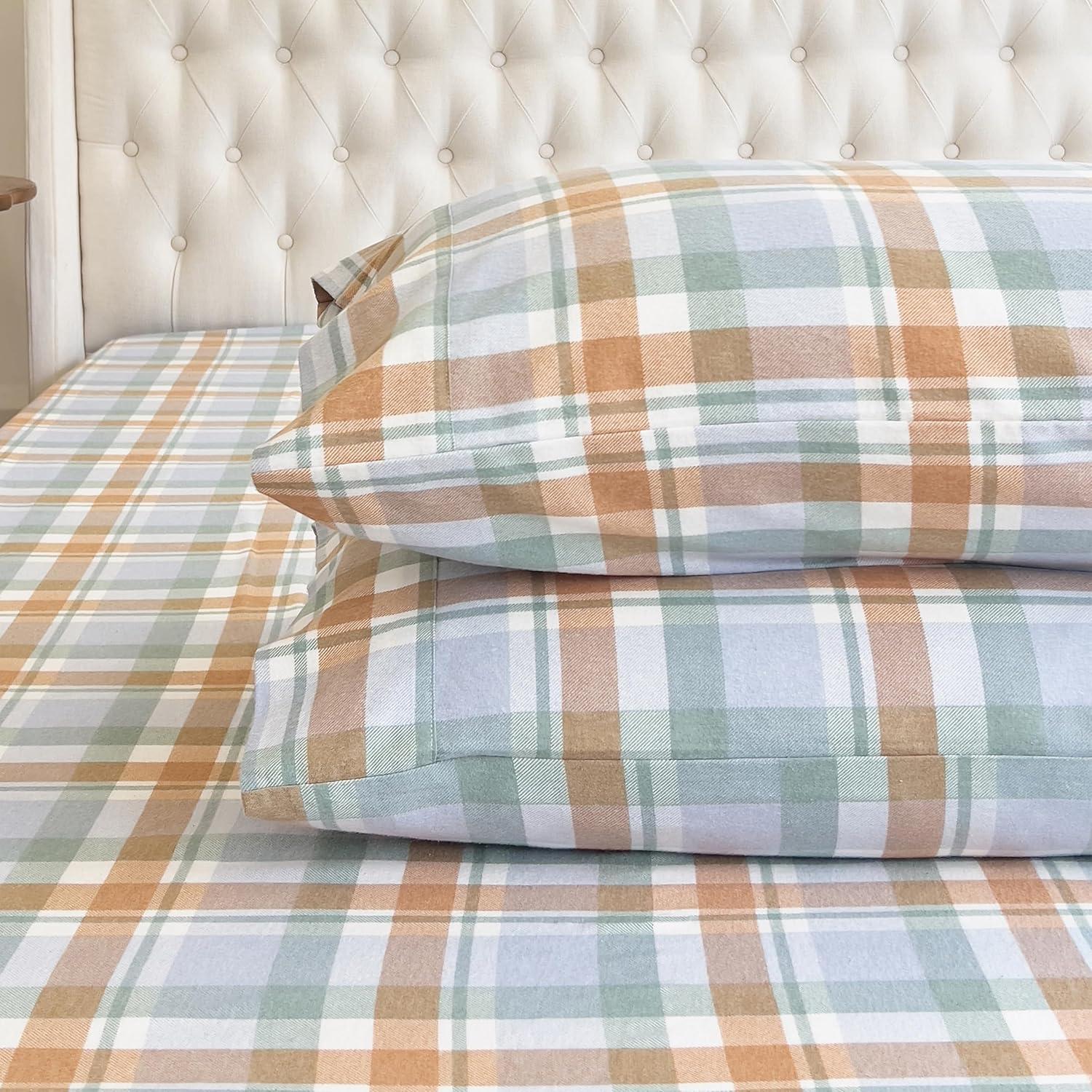 Elegant Comfort Soft 4-Piece Sheet Set - Deep Pocket Fitted Sheet, Soft, Cozy, Warm and Anti-Pill Flannel Sheets - Queen, Plaid Coral