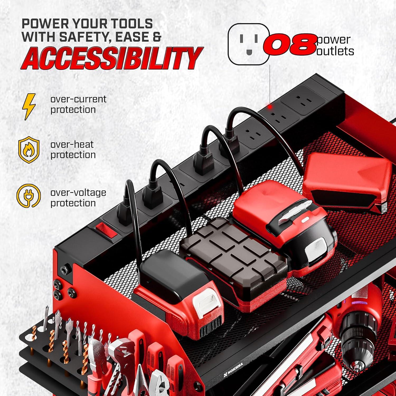 Modular Power Tool Organizer Wall Mount and Tool Charging Station. Garage 4 Drill Storage Shelf with Hooks, Heavy Duty Drill Holder Wall Mount, Tool Battery Holder Built in 8 Outlet Power Strip