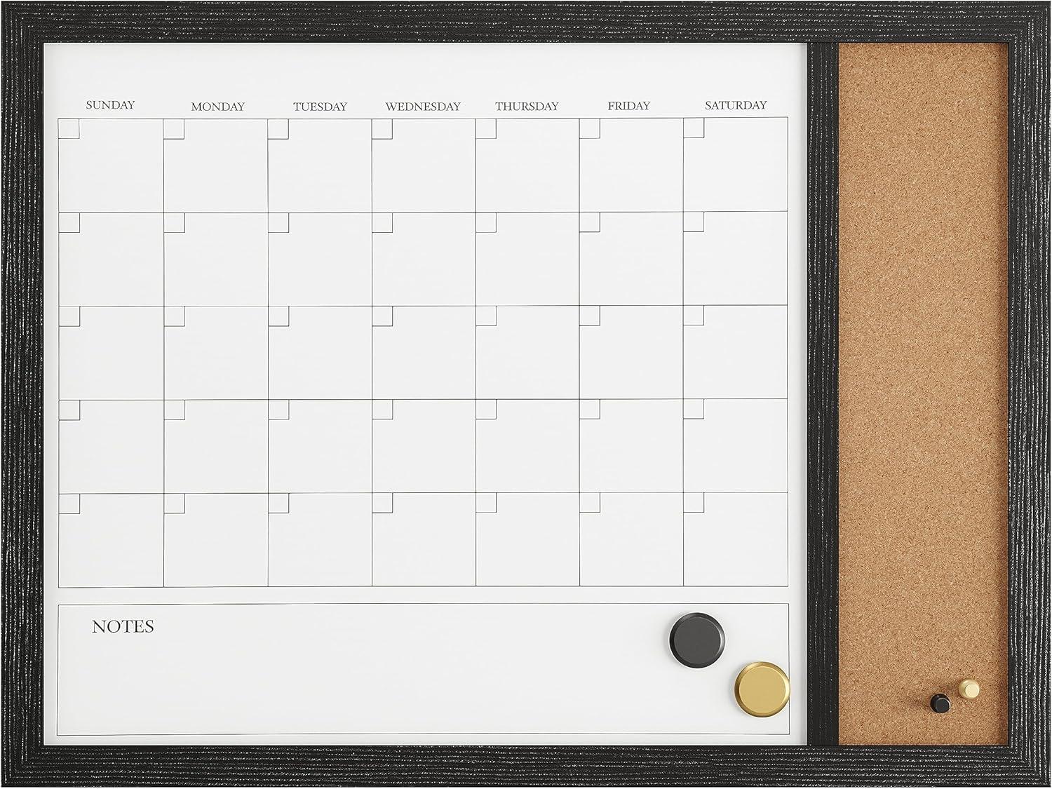 Martha Stewart Everette 24"x18" Magnetic Dry Erase Monthly Calendar and Cork Board Combo with Included Marker, Magnets, and Push Pins, Black Woodgrain Frame