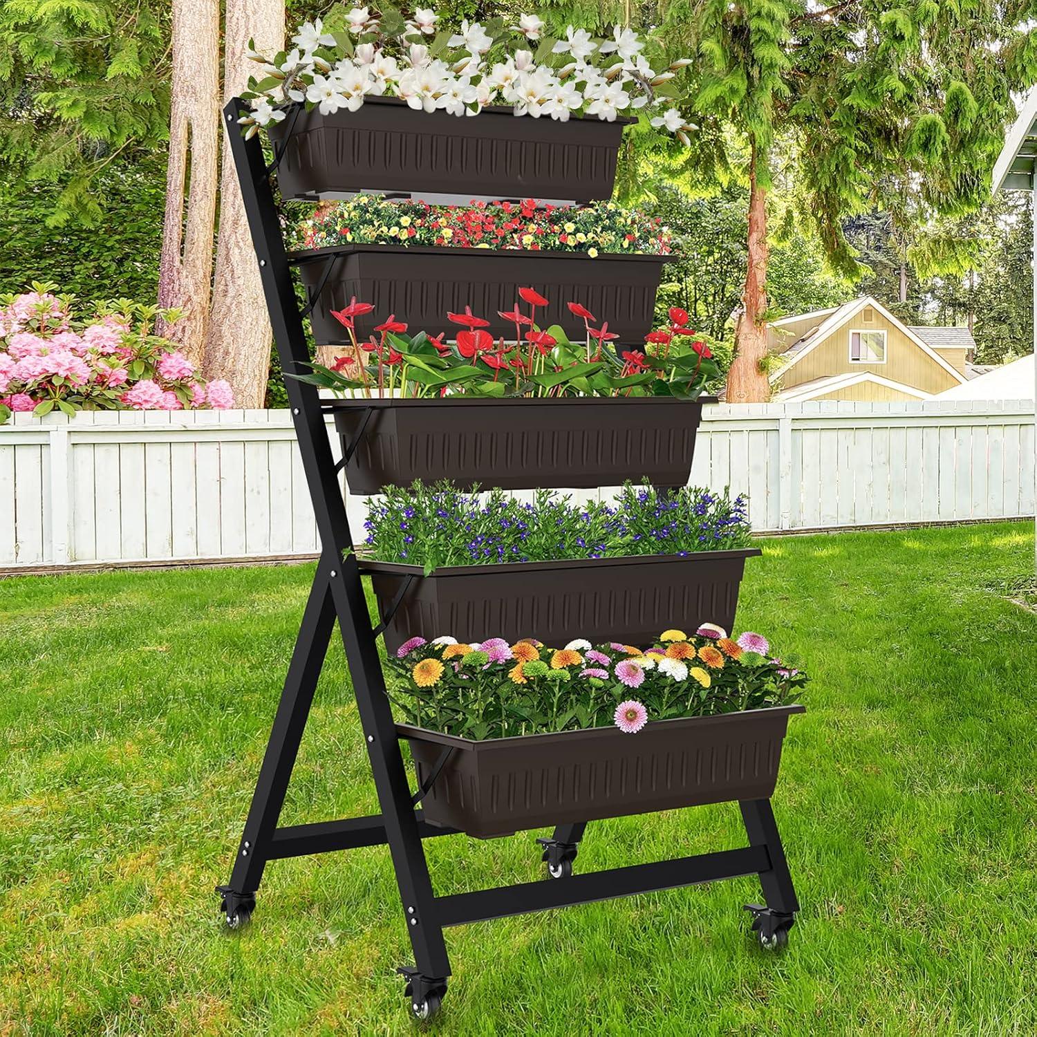 Black 5-Tier Vertical Garden Planter with Wheels