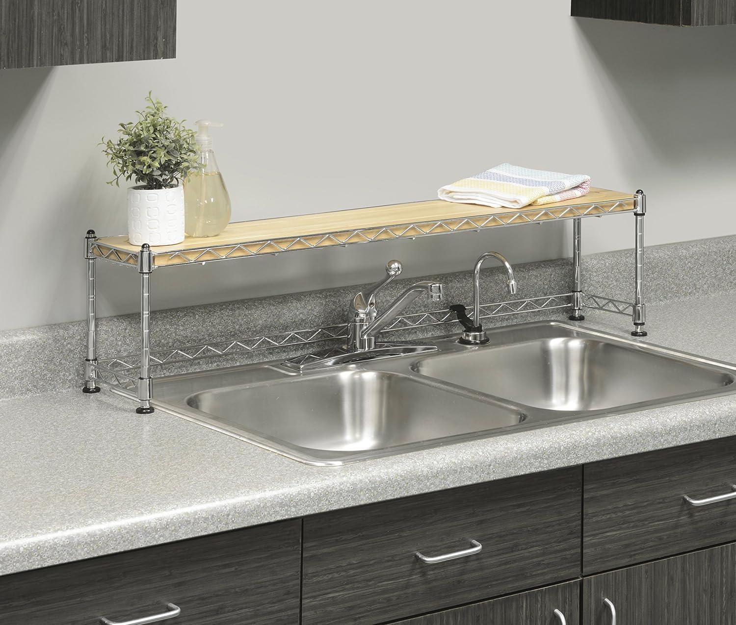 Whitmor Supreme Sink Shelf - Multiuse Organizer - Wood and Chrome 40lb Capacity - Silver