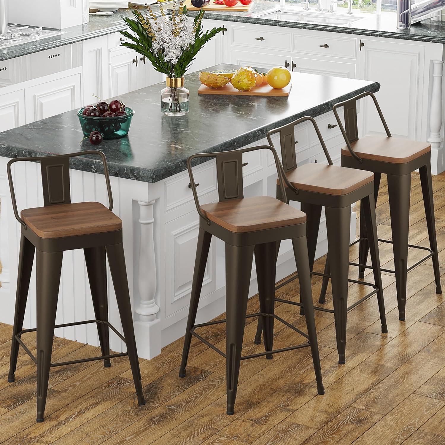 WENTMENT Bar Stools Set of 4 Counter Height Bar Stools Metal Barstools with Removable Back 30" Kitchen Bar Stools with Wooden Seat, Rusty