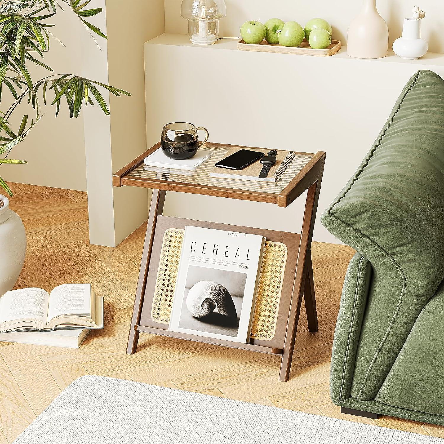 Z-Shaped Bamboo and Glass Boho Side Table with Storage