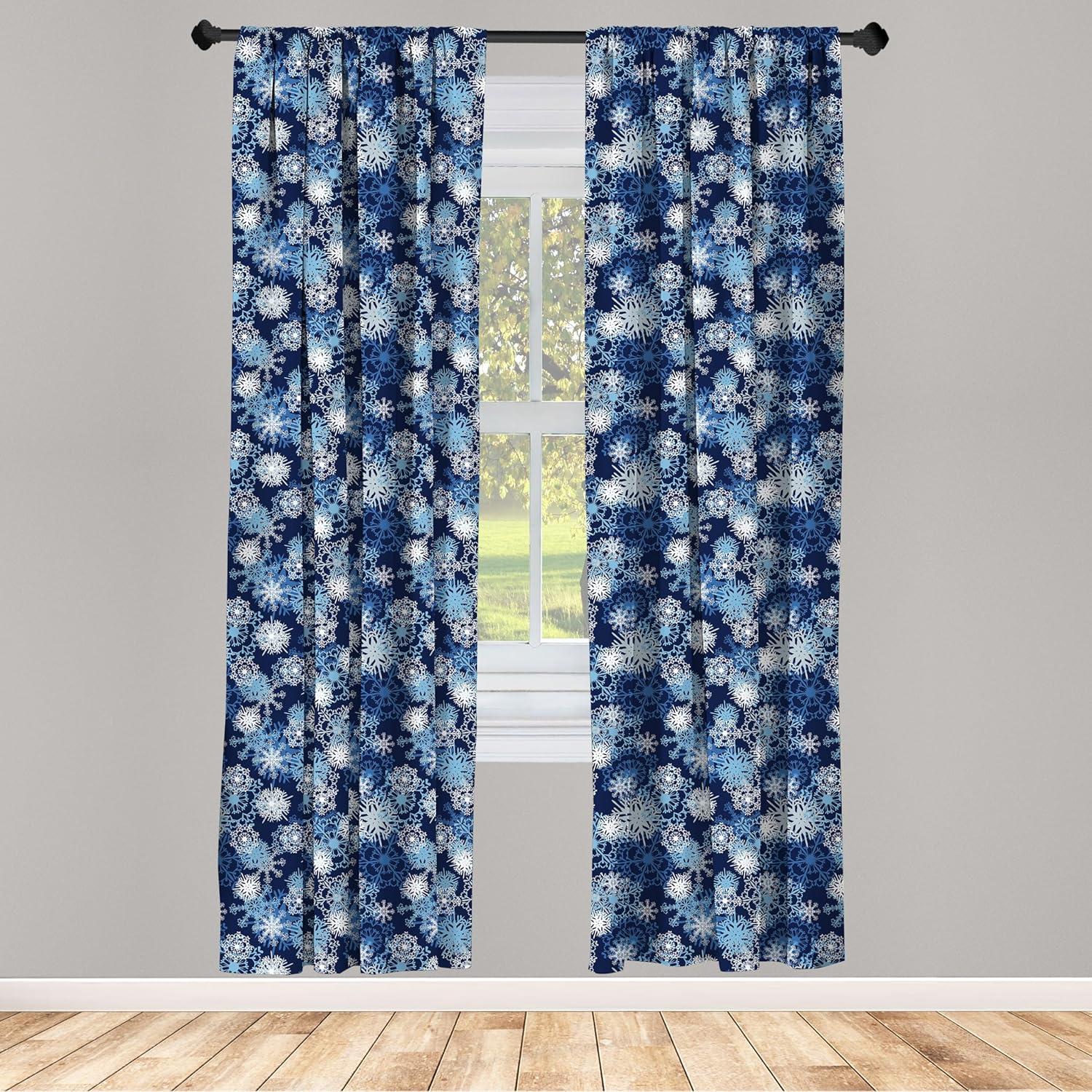 Ambesonne Winter Curtains, Ornate Snowflakes Xmas, Pair of 28"x95", Pale Blue Dark Blue