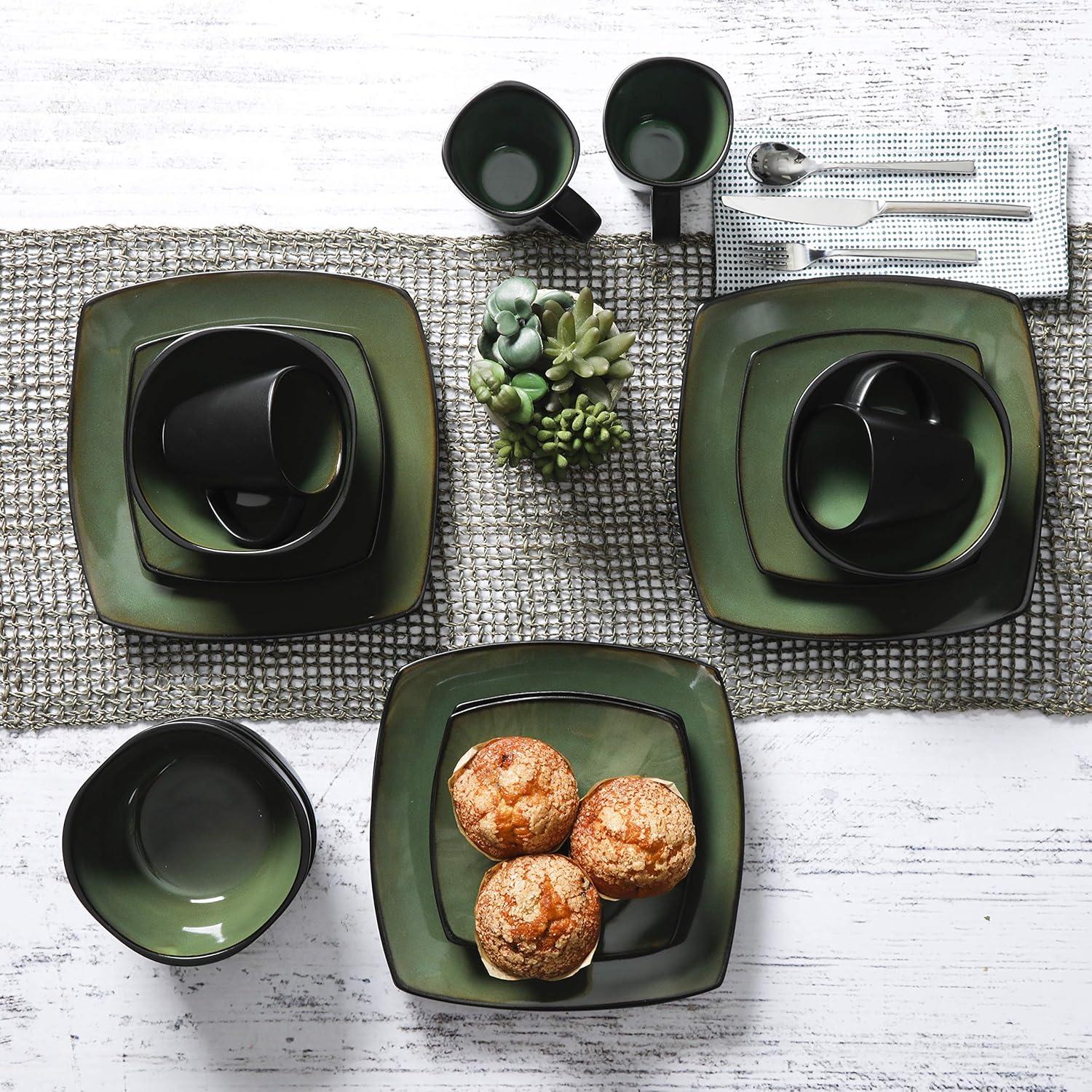 Gibson Soho Lounge Square 16-Piece Stoneware Dinnerware Set Green