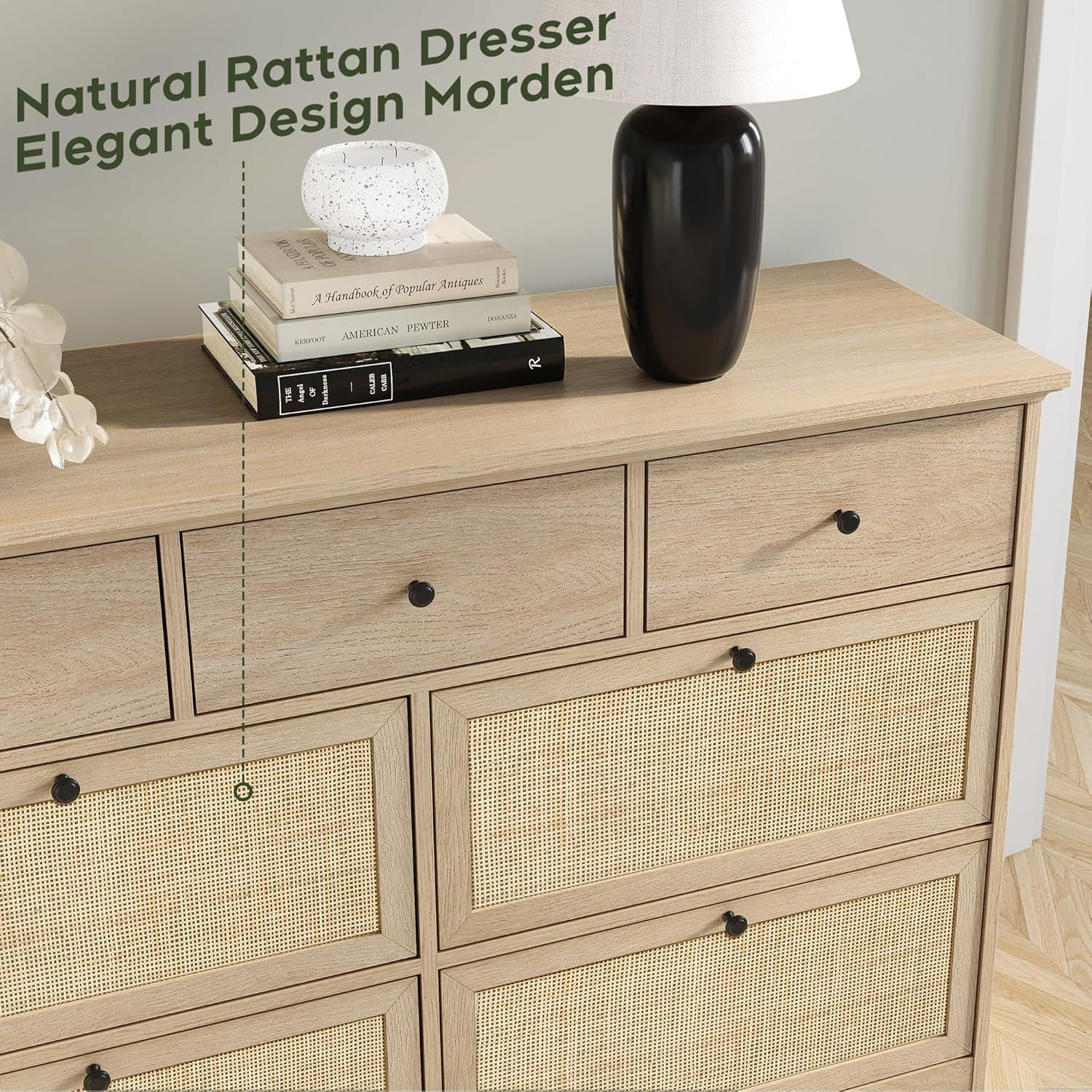 Yechen 7 Drawers Natural Rattan Dresser for Bedroom, Mid-Century Modern Natural Wood Dressers with Elegant Tabletop, Boho Chest of Drawers TV Stand with Sturdy Base for Living Room, Baby Nursery