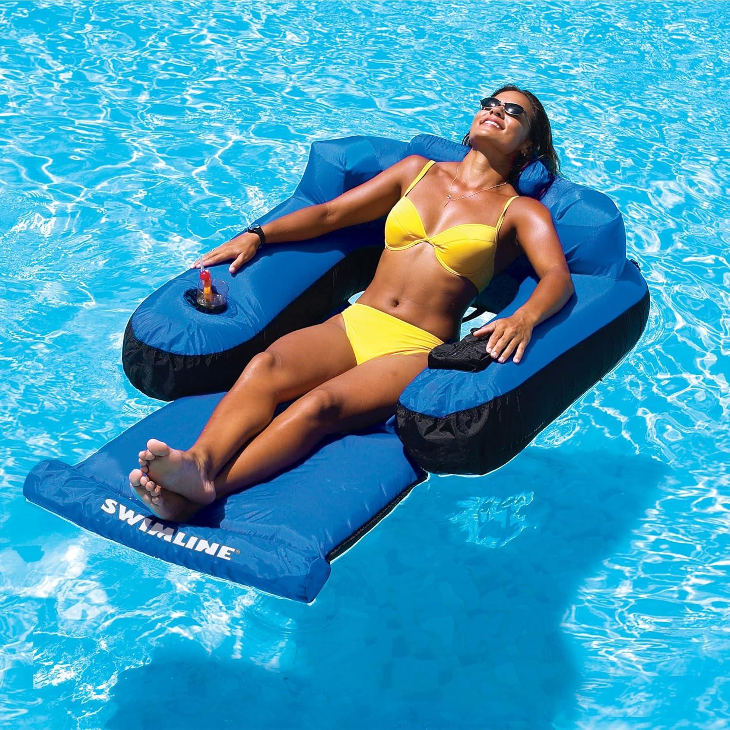 Blue Nylon Inflatable Pool Lounger with Armrests and Cup Holder