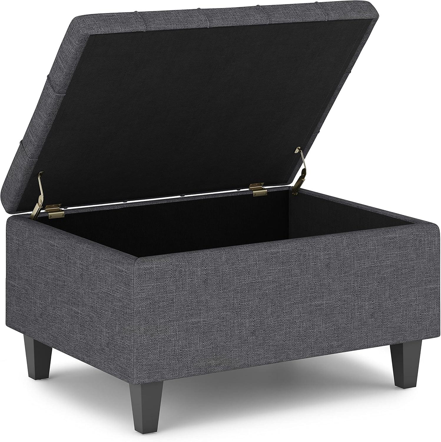 Simpli Home Harrison Small Coffee Table Storage Ottoman in Slate Grey Linen Look