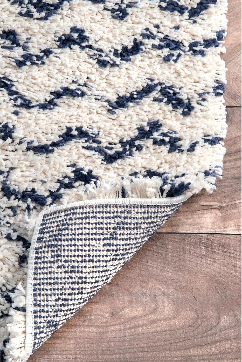 Nuloom Cuellar Striped 9x12 Shag Indoor Area Rug for Living Room Bedroom Dining Room Nursery, Navy/Ivory