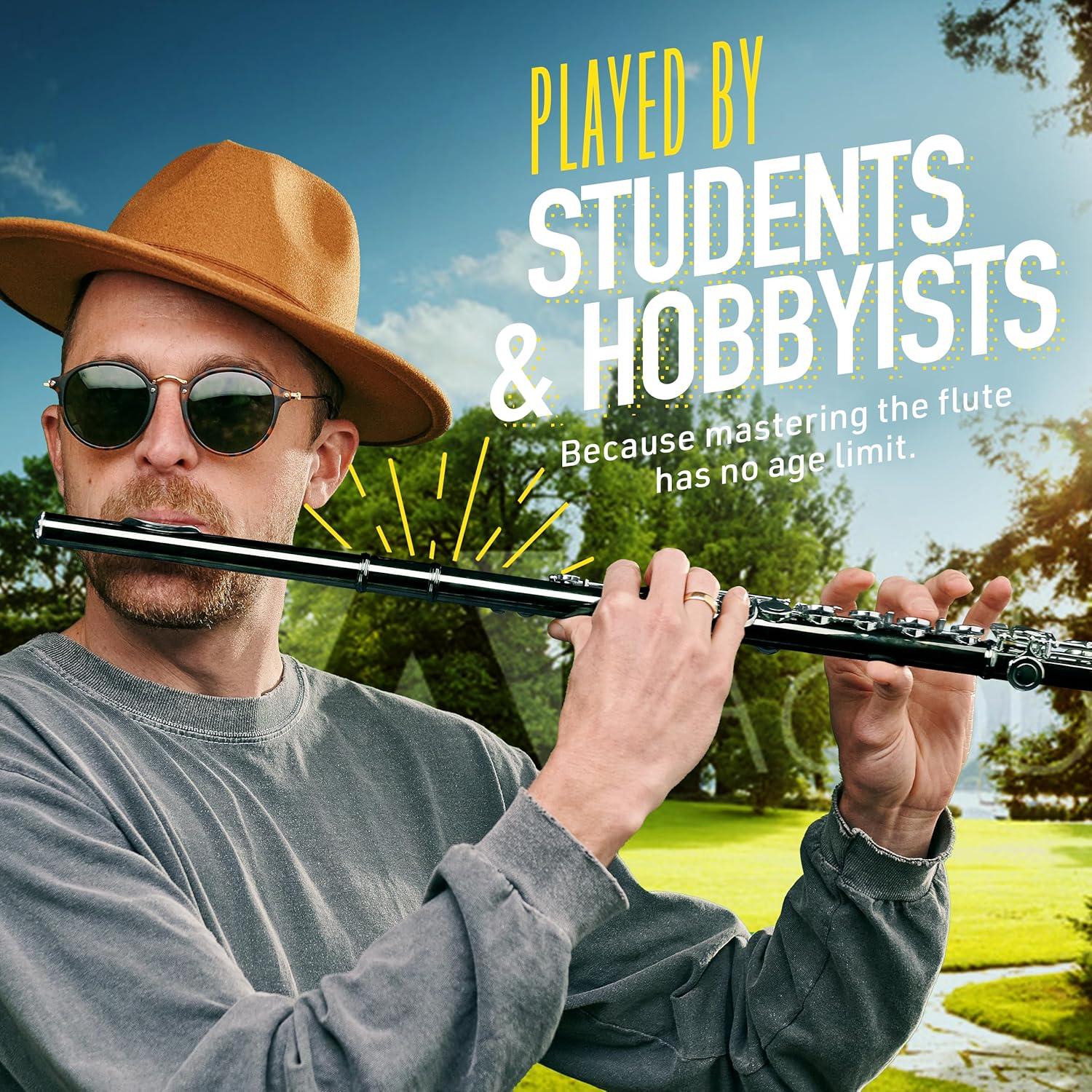 Mendini By Cecilio Flute, 16 Keys C Flute Instrument Closed Hole For Beginners with Carrying Case, Cork Grease, Stand, Lesson Book, Cleaning Kit, Gloves (Black)