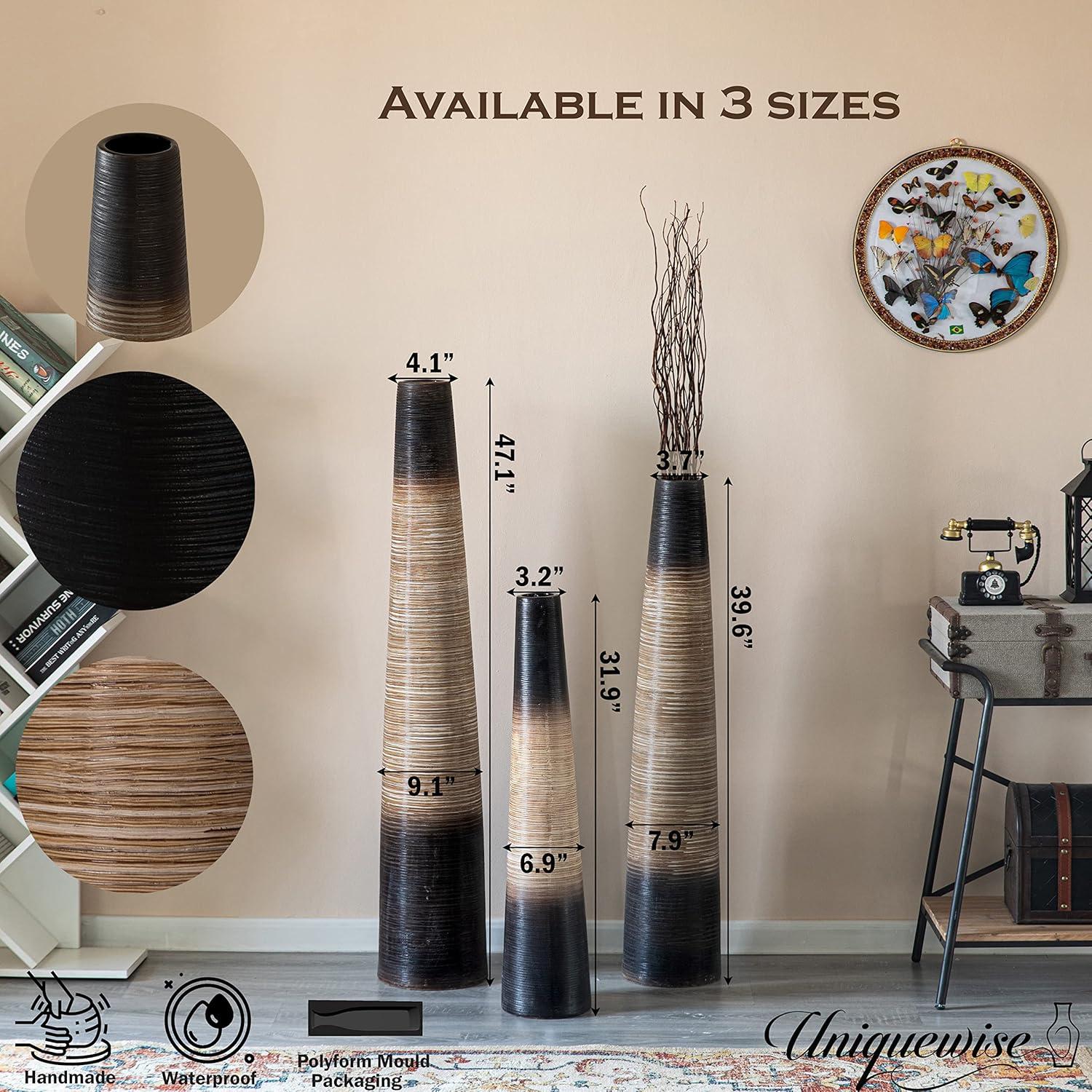 Uniquewise Tall Handcrafted Brown Ceramic Floor Vase - Waterproof Cylinder-Shaped Freestanding Design, Ideal for Tall Floral Arrangements