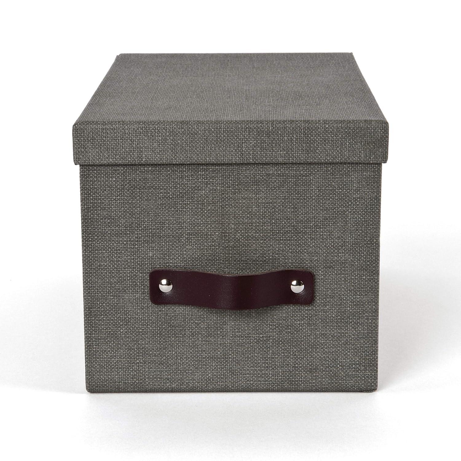 Bigso Silvia Organizational Storage Box with Leather Handle for Shelves and Stacks Easily - Durable and Decorative Storage Boxes with Lids - 5.9 in x 6.5 in x 11.6 in - Gray