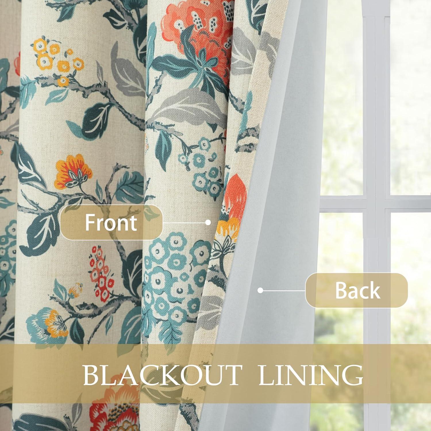 DriftAway Ada Floral Lined Thermal Insulated Room Darkening Blackout Grommet Window Curtains, 2 Panels, 52" x 72", Ivory Orange Teal