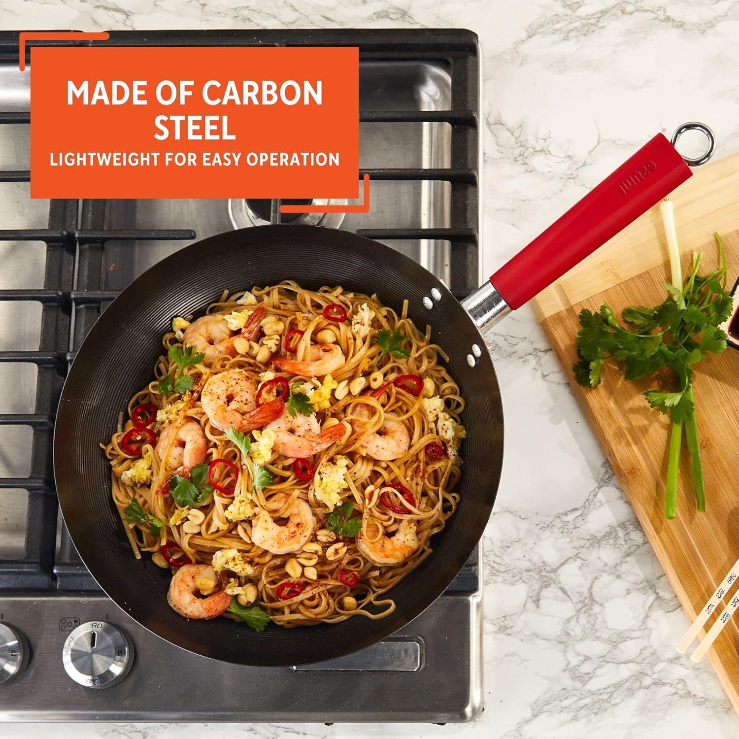 IMUSA 12in Carbon Steel Nonstick Wok with Red Soft Touch Handle, Black