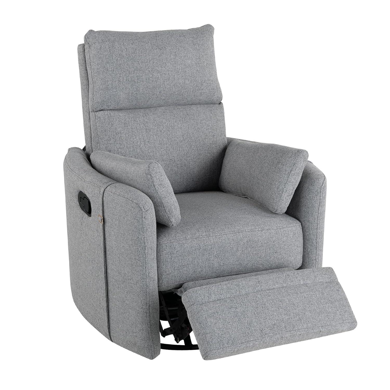 Swivel Rocker Glider Nursery, Manual Recliner Chair Single Sofa Chair for Adults, Linen Fabric Rocker Chair with Removable Pillows for Living Room, Bedroom, Dark Grey